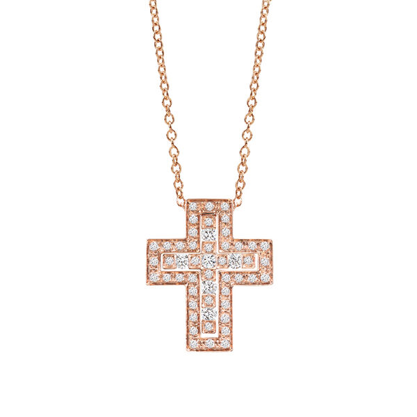 Pendentif croix Belle Époque en or rose et pavé de diamants