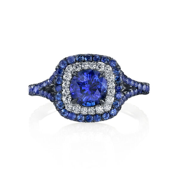 Double Halo Round Sapphire and Diamond Ring