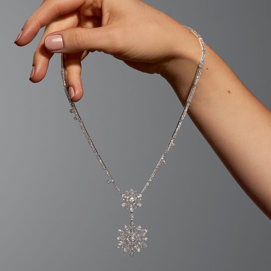 Birks Snowflake Diamond Drop Necklace on model image number 3