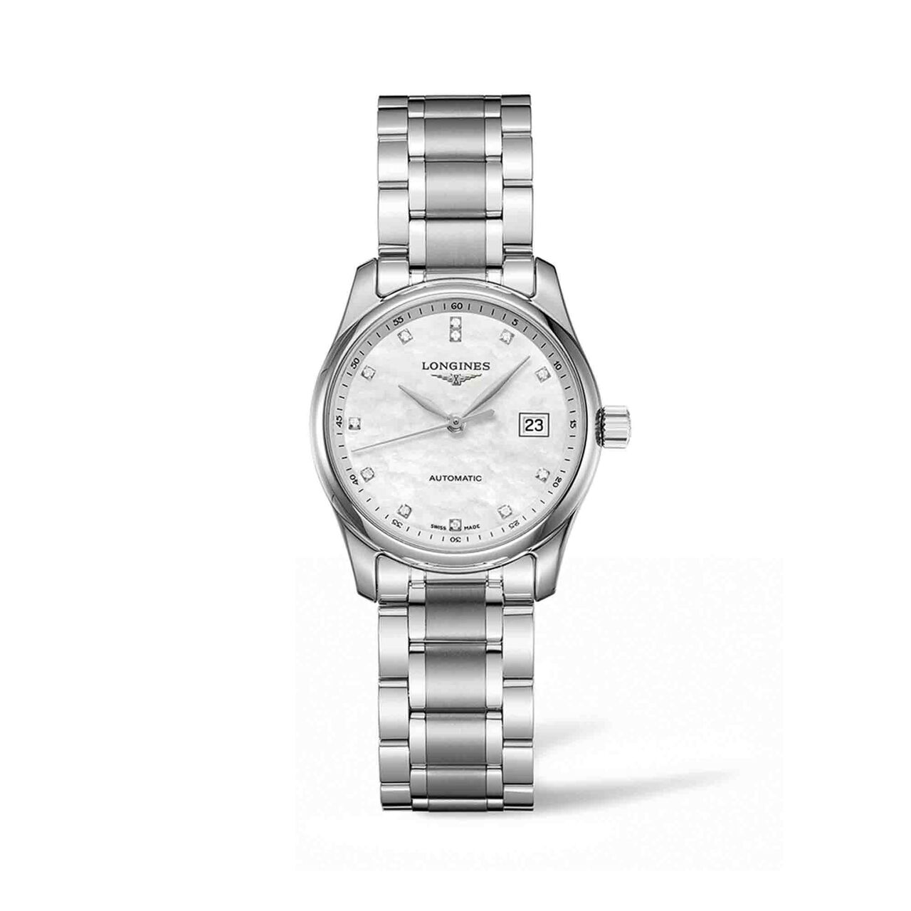 the longines master collection automatic stainless steel white mop dial diamonds indexes l22574876 image number 0