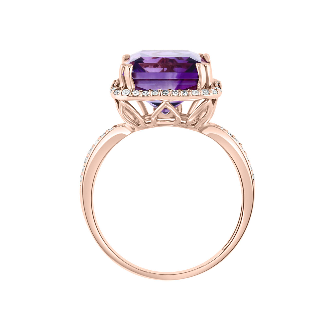 Rose Gold and Amethyst Ring with Diamond Halo image number 2