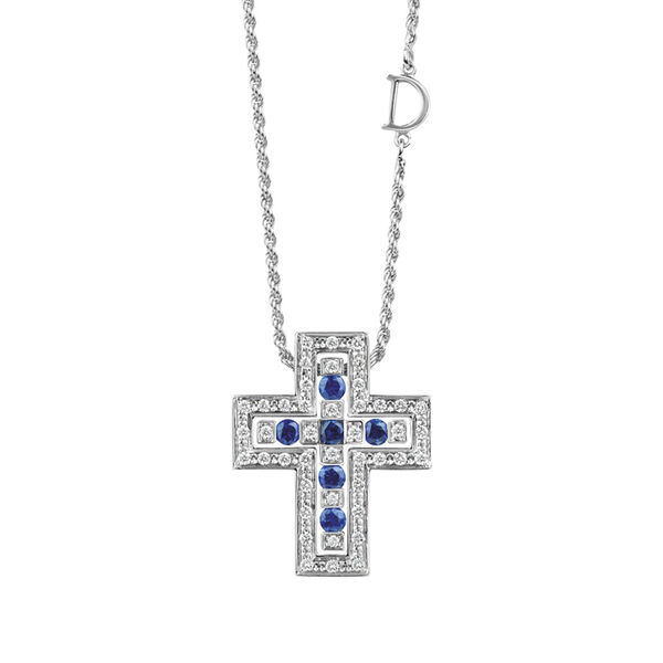 Pendentif croix Belle Époque en or blanc avec saphirs et pavé de diamants