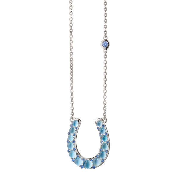 Collier pendentif fer à cheval en argent avec saphirs bleus, topazes et nacres