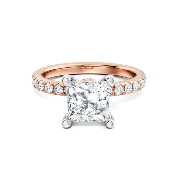 Princess‑Cut Solitaire Diamond Engagement Ring with Pav&eacute; Band and a Hidden Pav&eacute; Halo in Rose Gold