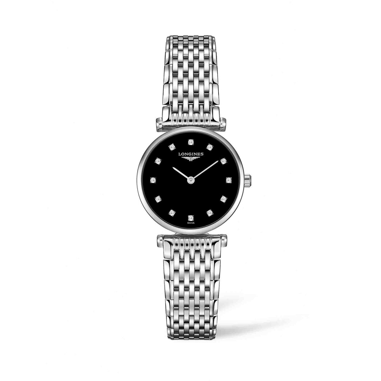 la grande classique de longines 24mm stainless steel lacquered black dial diamonds indexes l42094586 image number 0