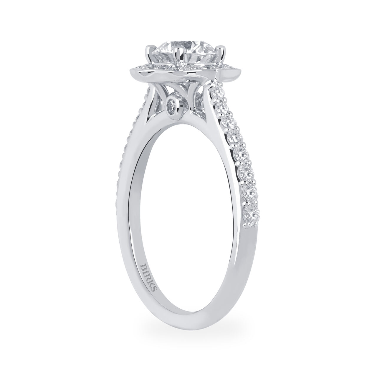 Birks 1879 Heirloom Round Solitaire Diamond Engagement Ring with Halo And Diamond Band image number 2