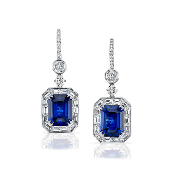 Emerald-Cut Sapphire and Diamond Drop Earrings