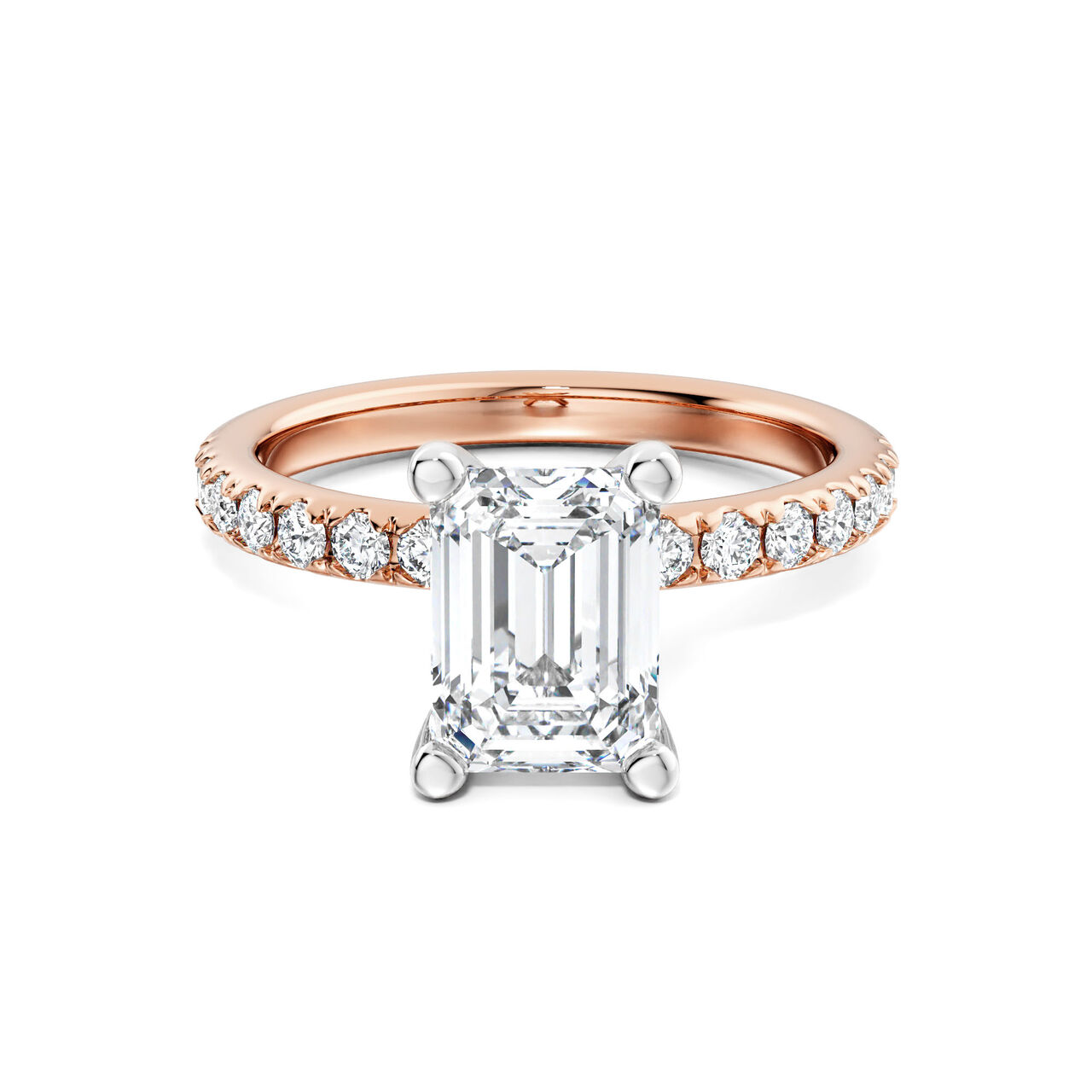 Birks Deco Bague de fian&ccedil;ailles en or rose avec solitaire &eacute;meraude et pav&eacute; de diamants, avec halo cach&eacute; en pav&eacute; image number 0
