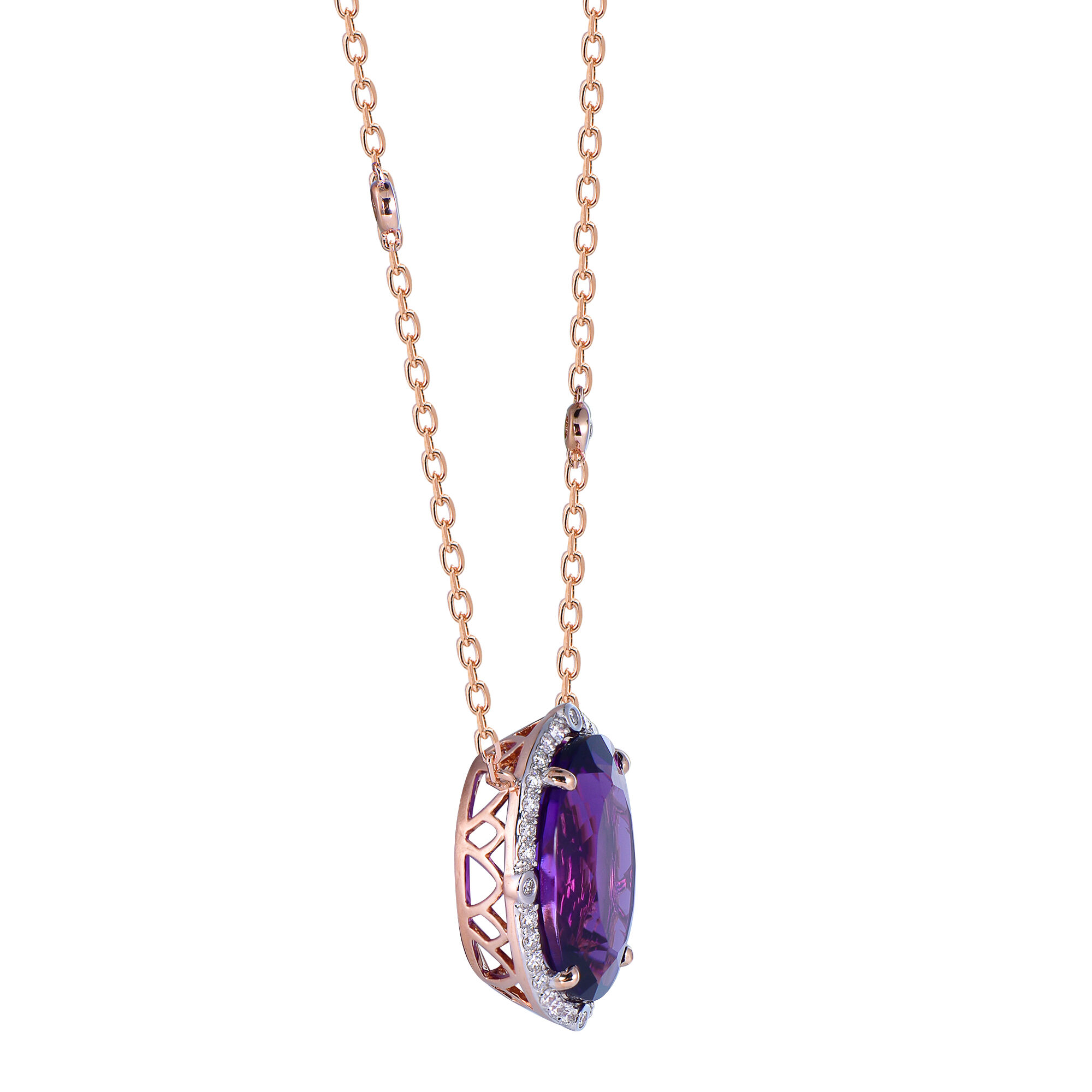 Oval Amethyst Pendant with Diamond Halo in Rose Gold