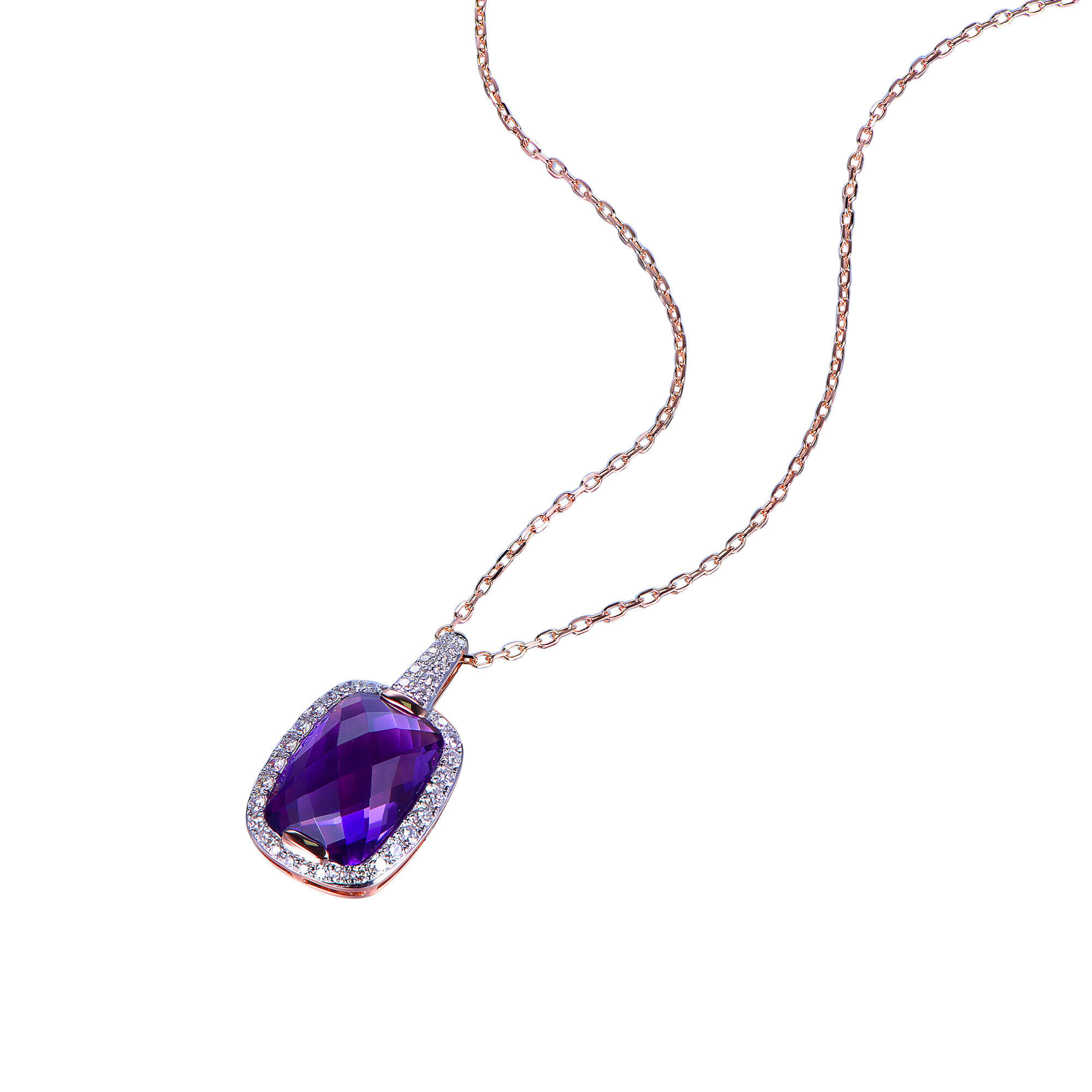 Amethyst Pendant with Diamond Halo in Rose Gold