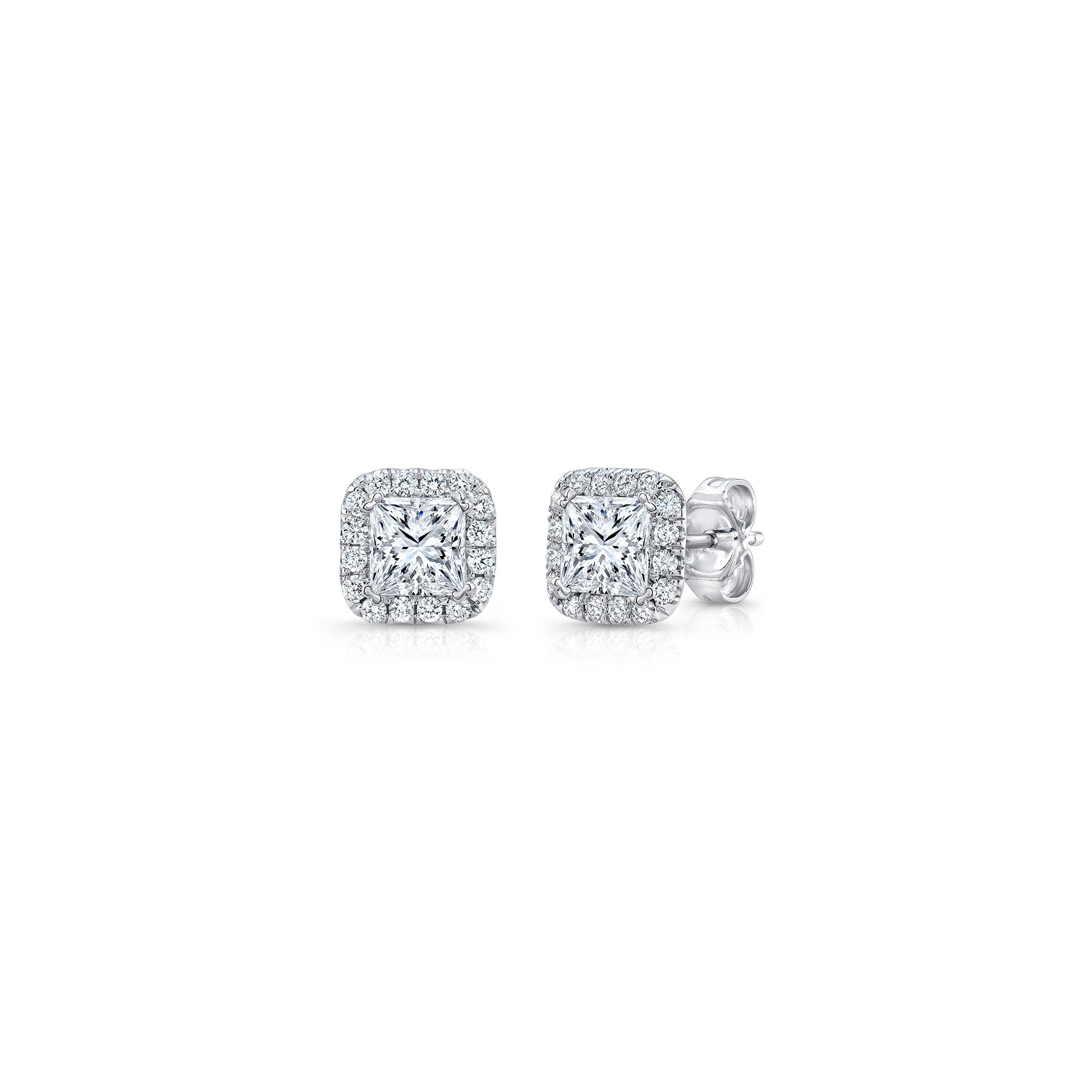 Silhouette White Gold and Diamond Halo Princess Cut Stud Earrings