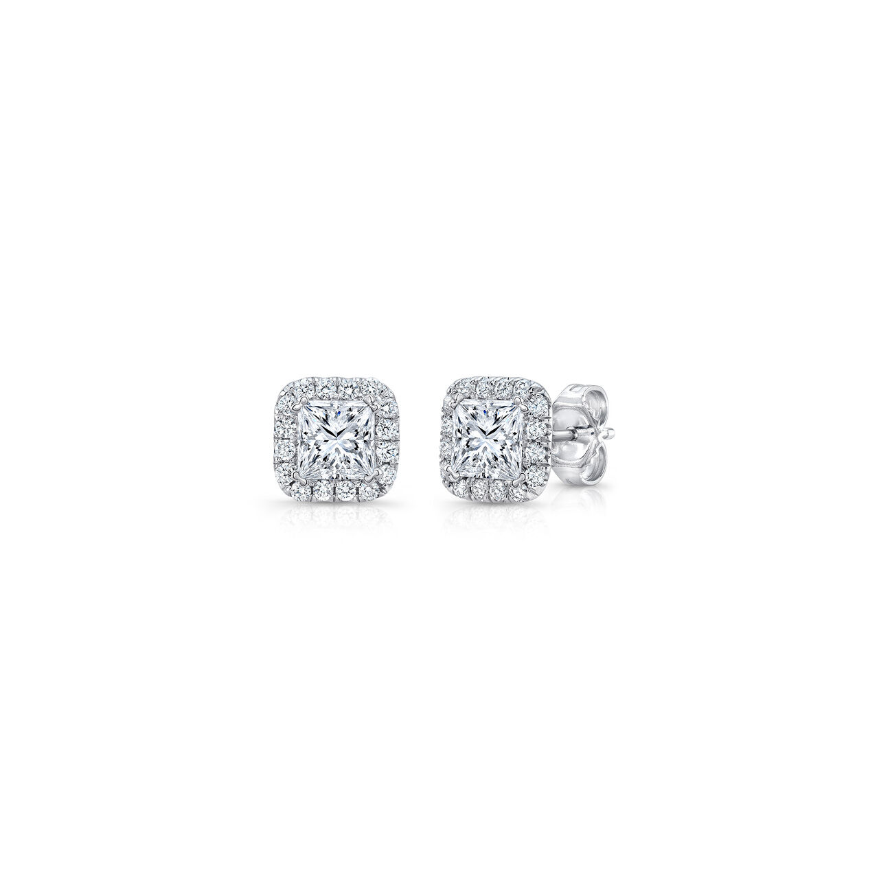 Uneek Silhouette White Gold and Diamond halo Princess Cut Stud Earrings image number 0