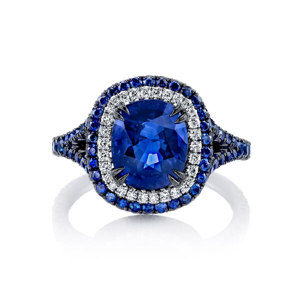 Oval-Cut Sapphires and Diamond Double Halo Ring