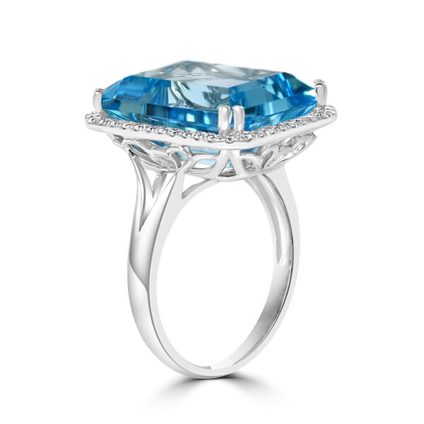 Bague topaze bleue suisse à coupe émeraude avec diamants en or blanc