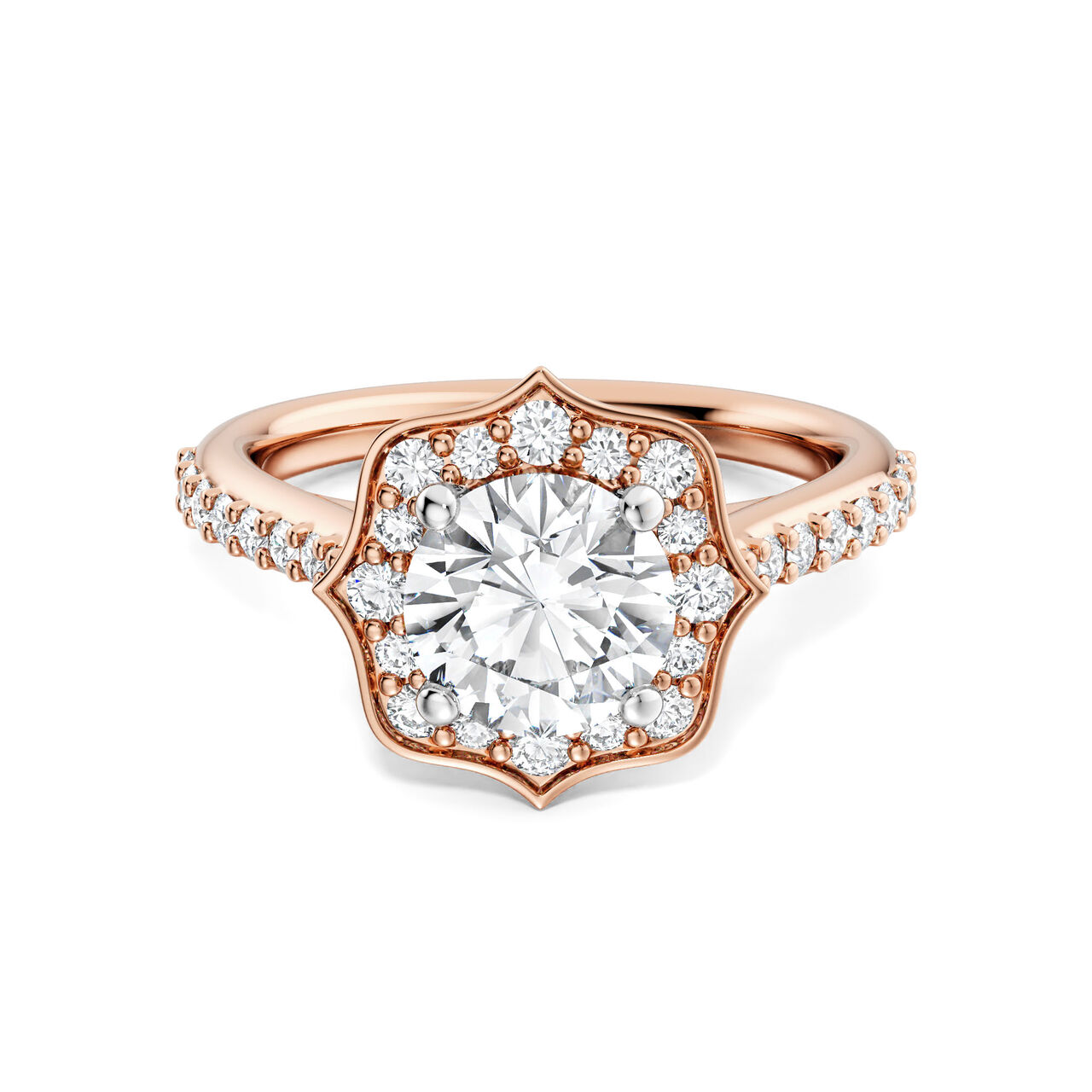 Birks 1879 Heirloom Round Solitaire Diamond Engagement Ring with Halo and Rose Gold Diamond Pav&eacute; Band image number 0
