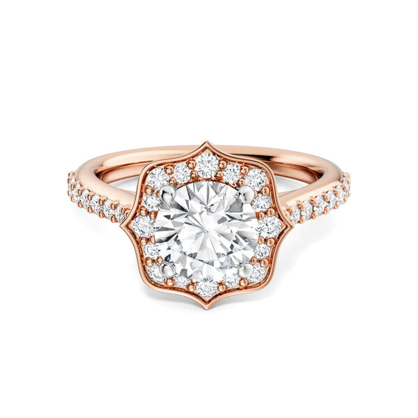 Heirloom Round Solitaire Diamond Engagement Ring with Halo and Rose Gold Diamond Pav&eacute; Band