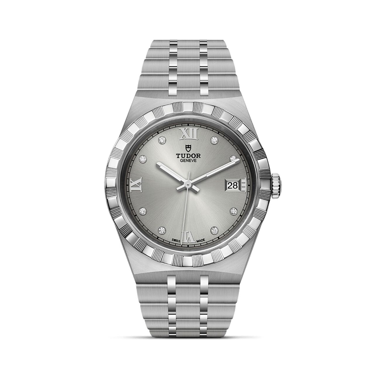 maison birks tudor royal 38 mm steel case silver diamond set dial steel bracelet m28500 0002 image number 0