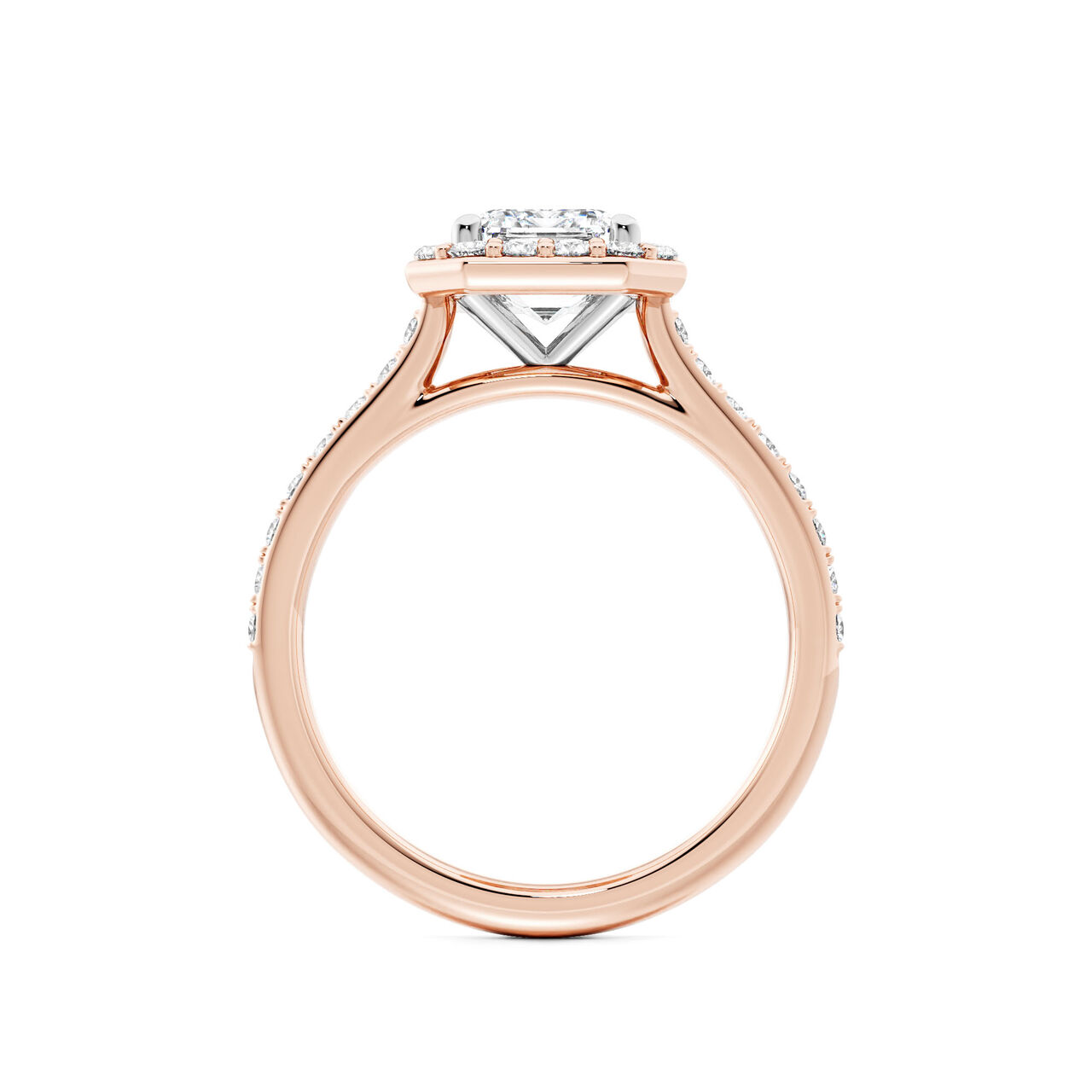 Birks Ros&eacute;e du Matin Rose Gold Emerald-Cut Diamond Engagement Ring with Halo and Pav&eacute; Band image number 2