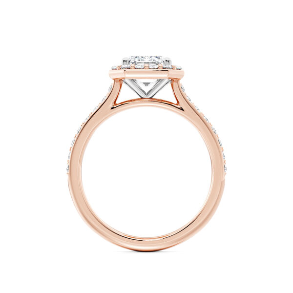 Rose Gold Emerald-Cut Diamond Engagement Ring with Halo and Pav&eacute; Band