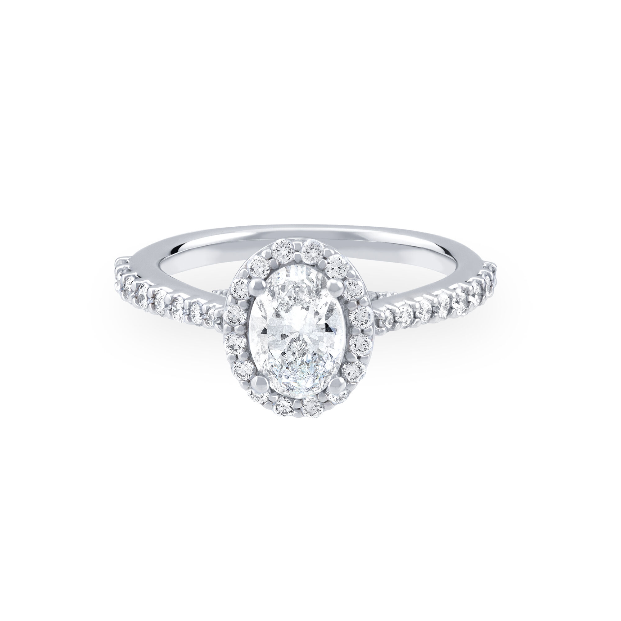 Oval Cut Diamond Platinum Engagement Ring With Single Halo And Diamond Band Birks