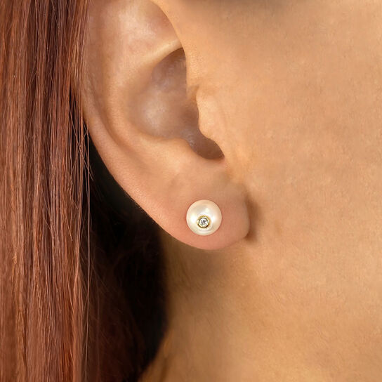 Shy Creation Jackie Yellow Gold, Pearl and Diamond Stud Earrings On Model image number 1