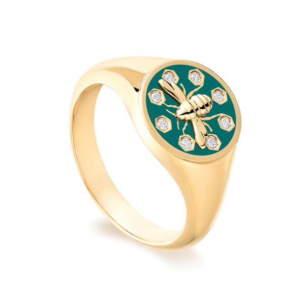Small Teal Enamel and Diamond Round Signet Ring in Yellow Gold