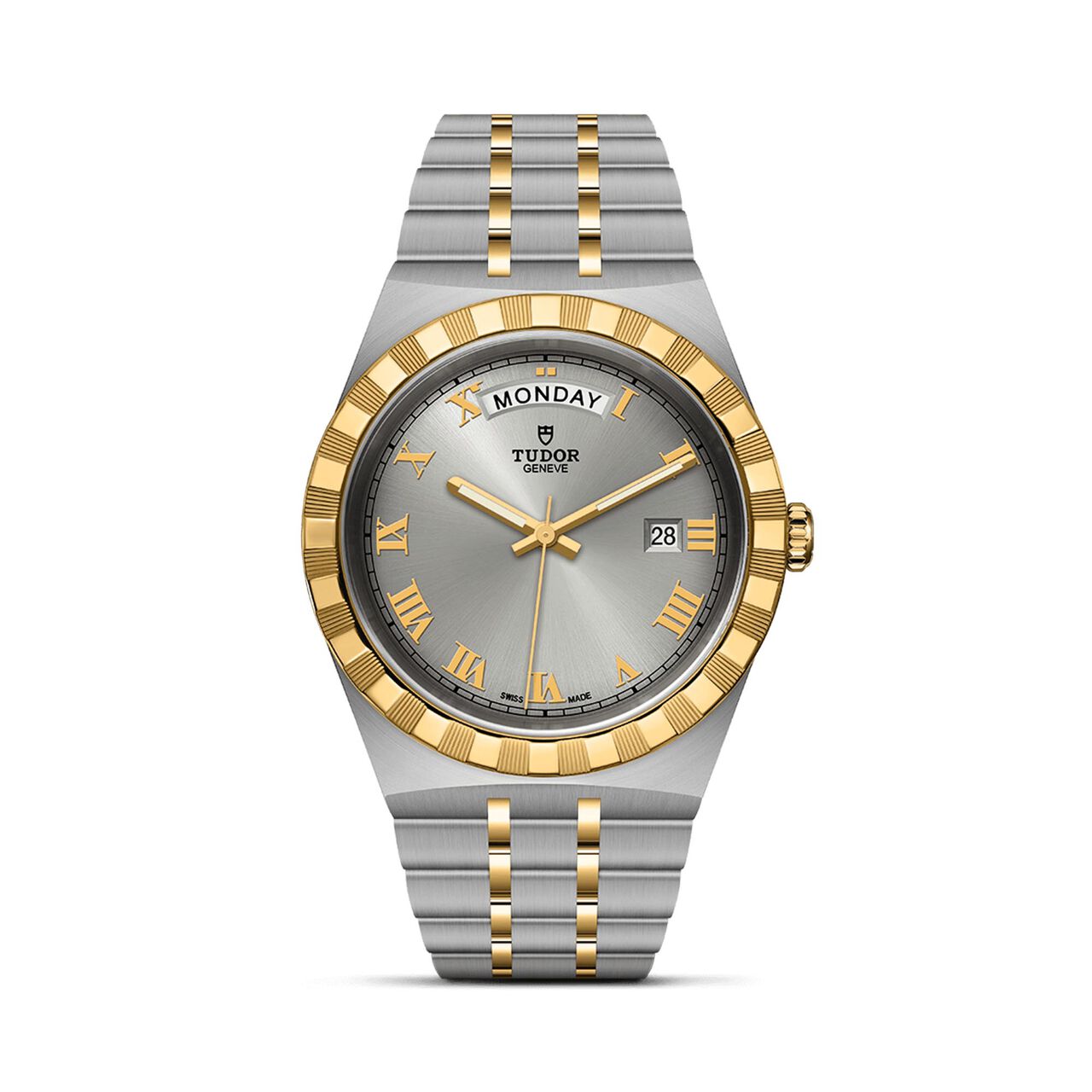 tudor royal 41 mm steel case yellow gold bezel silver dial steel and gold bracelet m28603 0001 image number 0