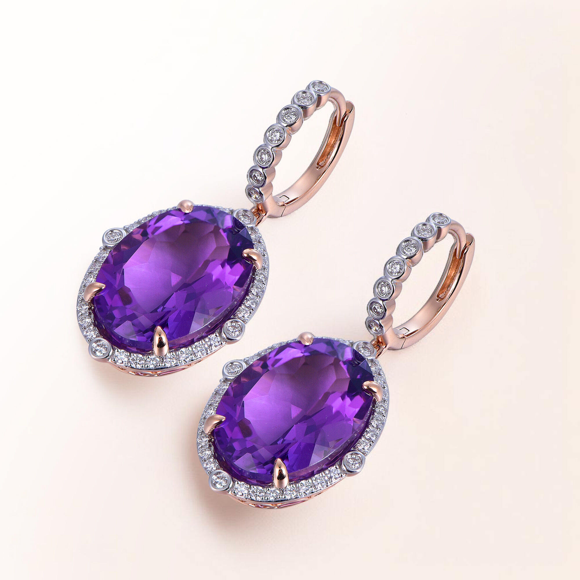Oval Amethyst Earrings with Diamond Halo in Rose Gold