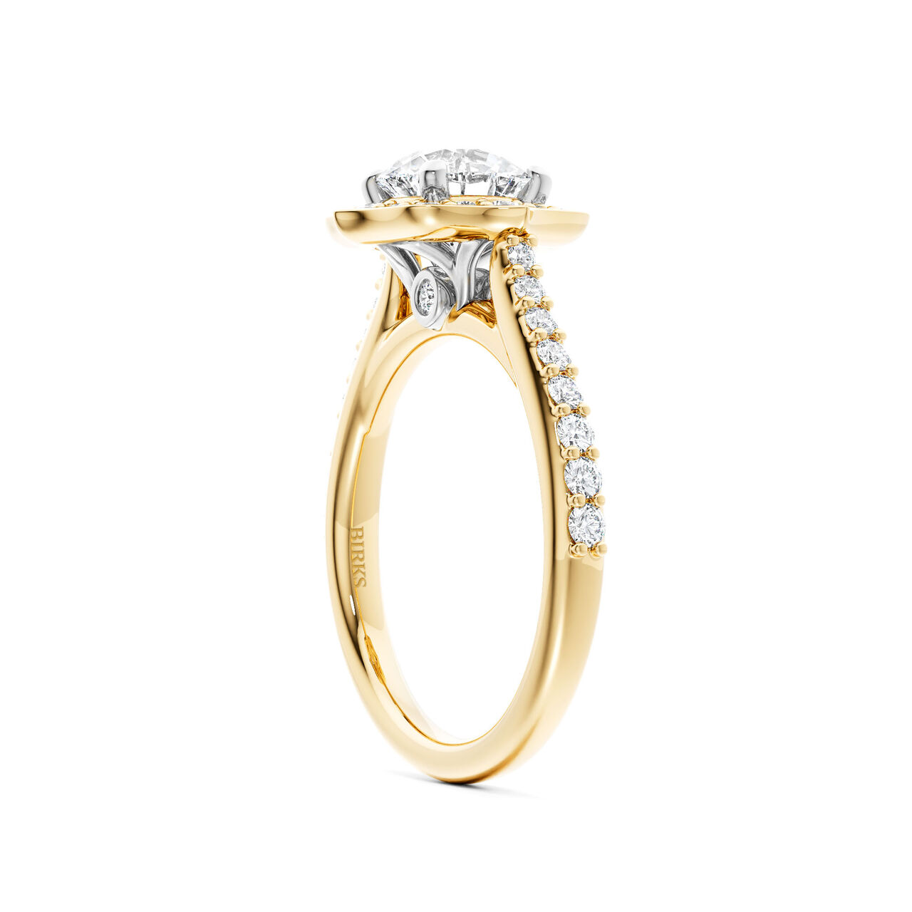 Birks 1879 Heirloom Round Solitaire Diamond Engagement Ring with Halo and Yellow Gold Diamond Pav&eacute; Band image number 1