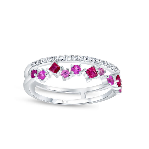 White Gold Ring with Diamonds, Pink Sapphire and Ruby
