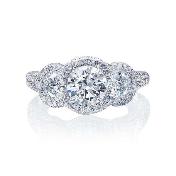 Three-Stone Round Diamond Engagement Ring With Halo