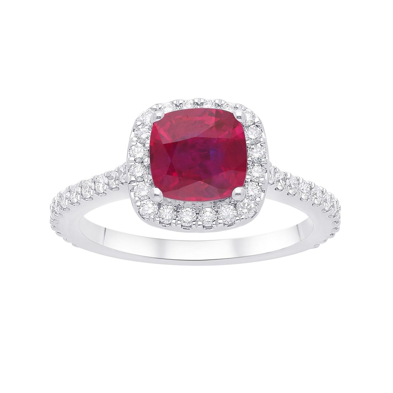 maison birks salon ruby cushion diamond halo ring sg05408r 8r front angle image number 3