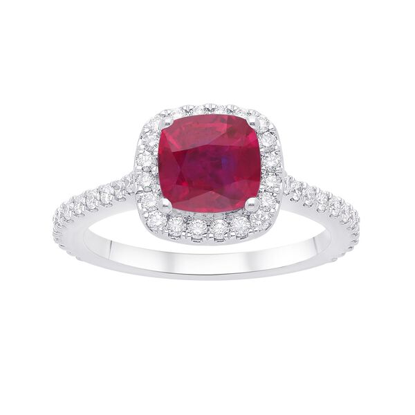 Bague en or blanc avec rubie à coupe coussin et halo de diamants