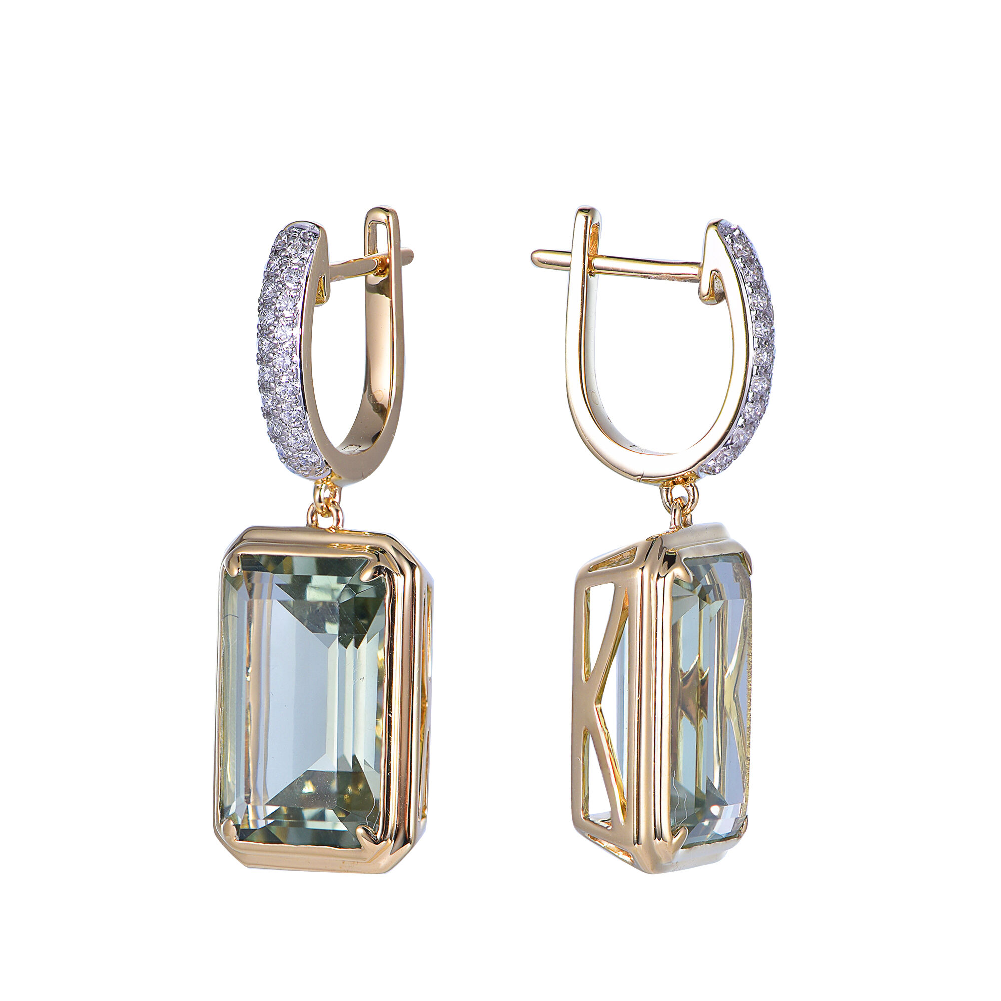 Green Amethyst Earrings in Yellow Gold