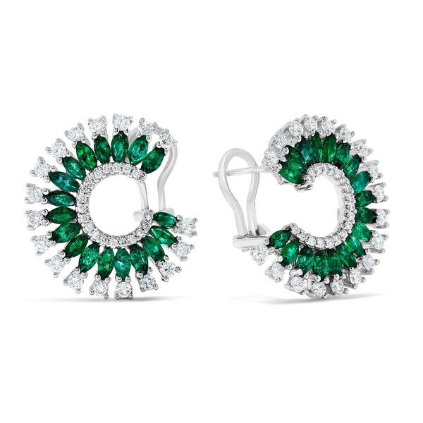 White Gold Emerald and Diamond Spiral Earrings