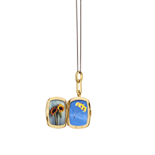 Yellow Gold Vermeil Locket with White Enamel and Blue Sapphire