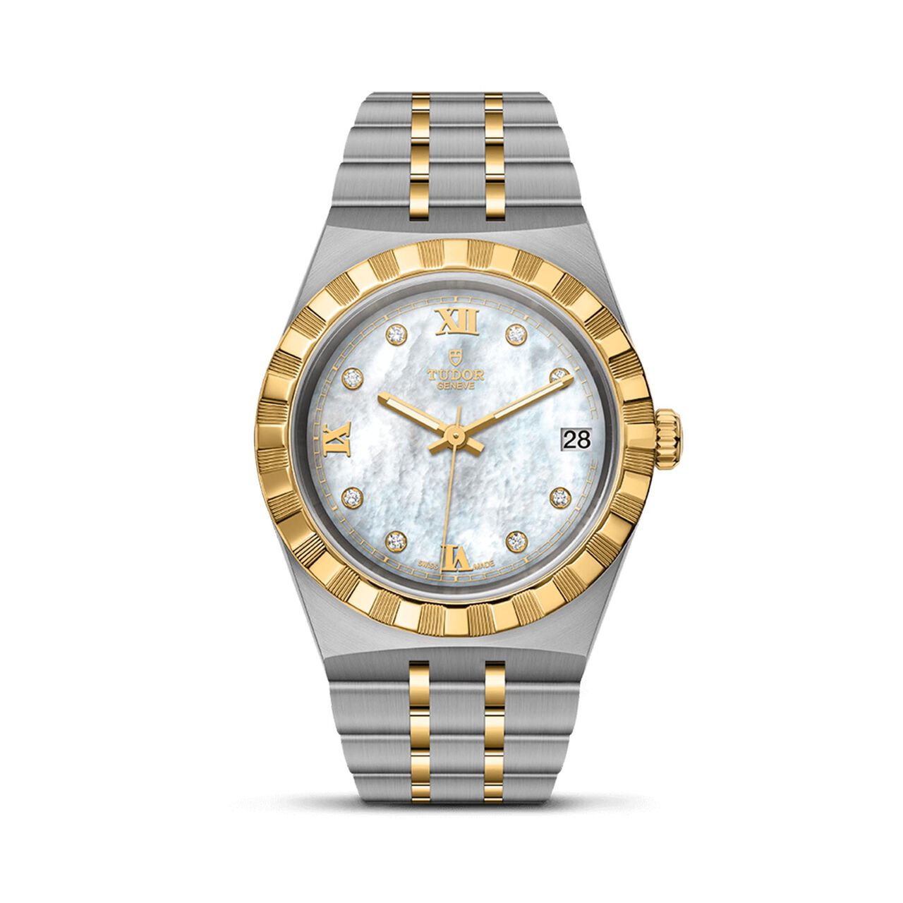 tudor royal 34 mm steel case mother of pearl diamond set dial steel and gold bracelet m28403 0007 image number 0