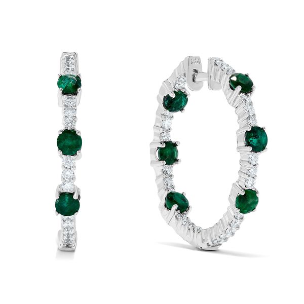 White Gold Emerald and Diamond Hoop Earrings