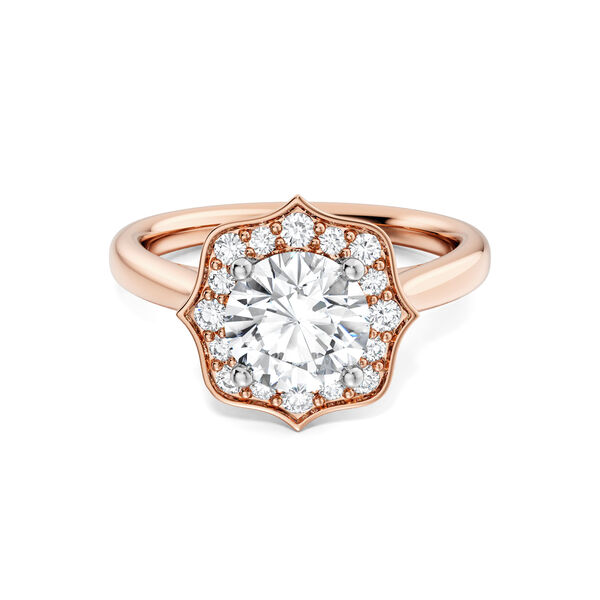 Heirloom Round Solitaire Diamond Engagement Ring with Halo and Rose Gold Diamond Band