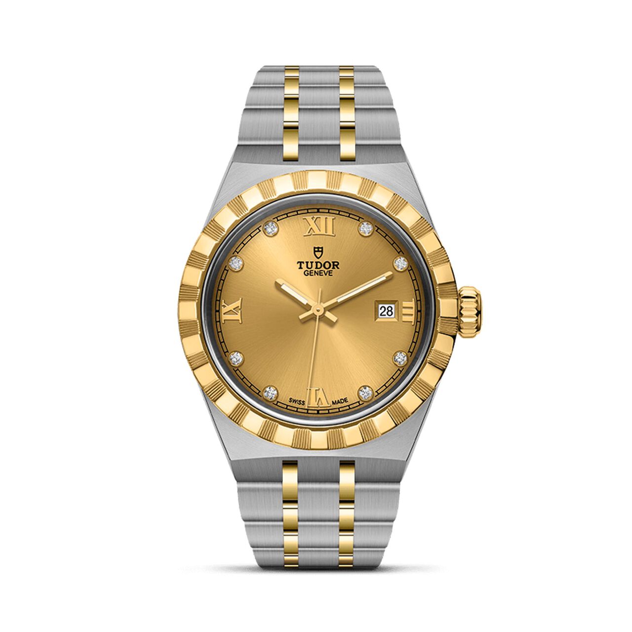 tudor royal 28 mm steel case champagne diamond set dial steel and gold bracelet m28303 0006 image number 0