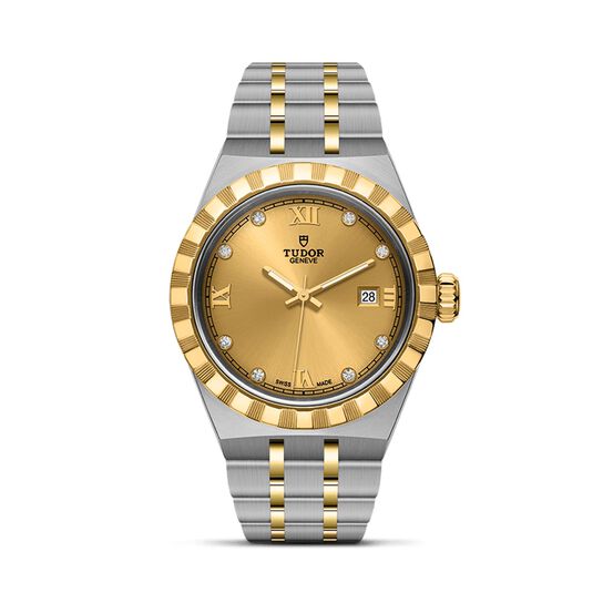 tudor royal 28 mm steel case champagne diamond set dial steel and gold bracelet m28303 0006 image number 0