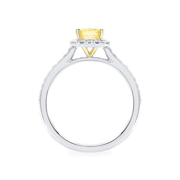 Emerald Cut Yellow Diamond Engagement Ring with Halo and Yellow Gold Pavé Band