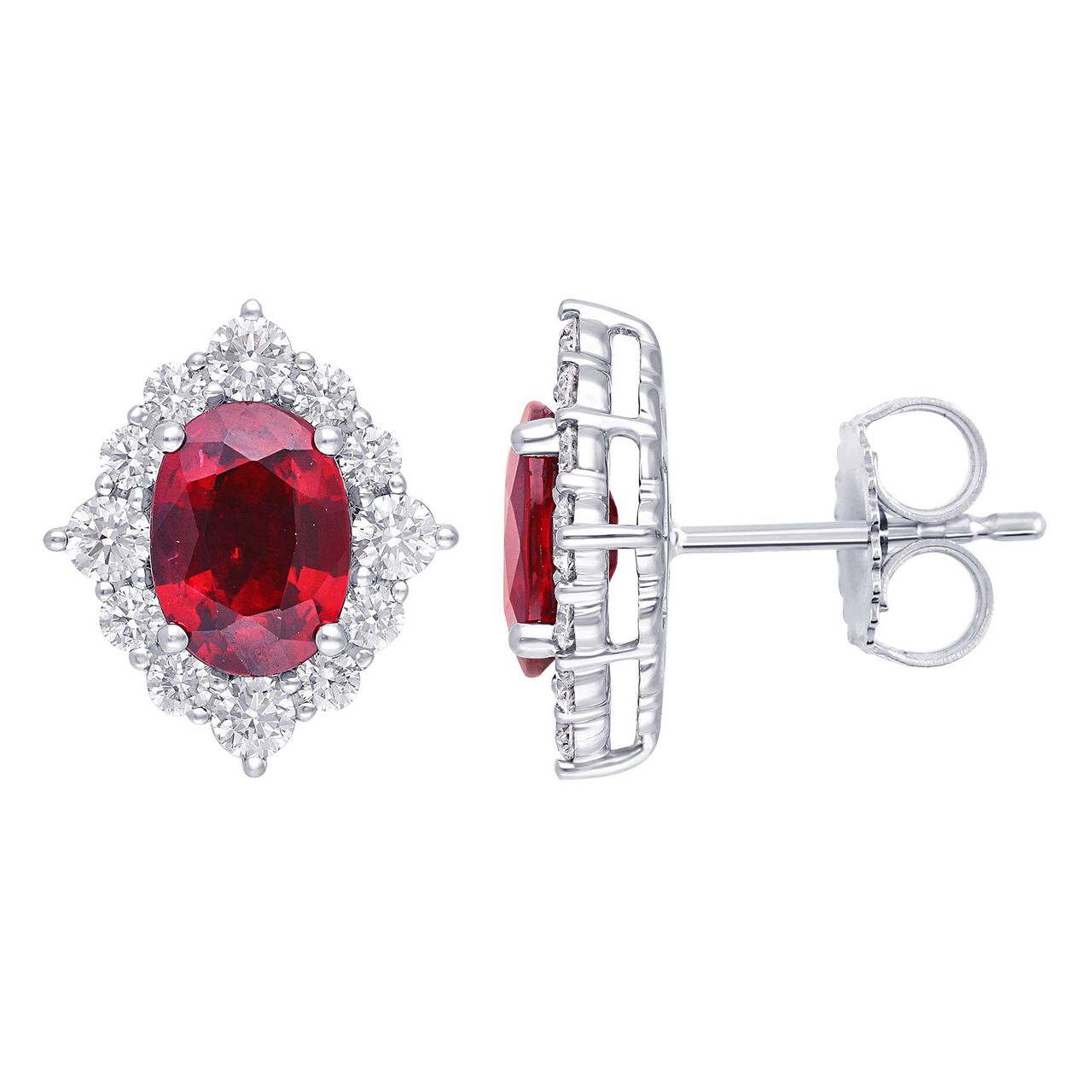 maison birks salon oval ruby diamond halo fancy earrings sg12185e 8x6 front side image number 1
