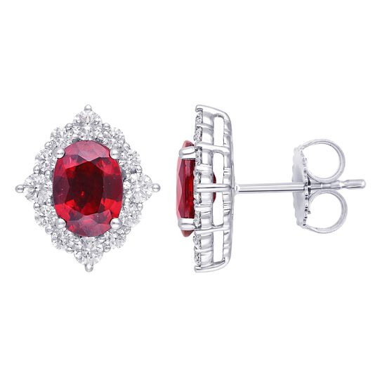 maison birks salon oval ruby diamond halo fancy earrings sg12185e 8x6 front side image number 2