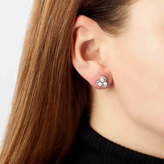 Yoko London Sleek White Gold Pearl and Diamond Stud Earrings on model image number 1