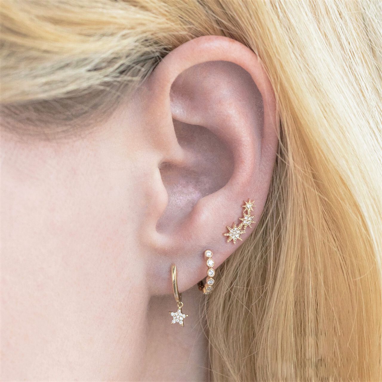Shy Creation Yellow Gold Tripple Star Stud Earrings with Diamond Pavé 450017383595 Model image number 1