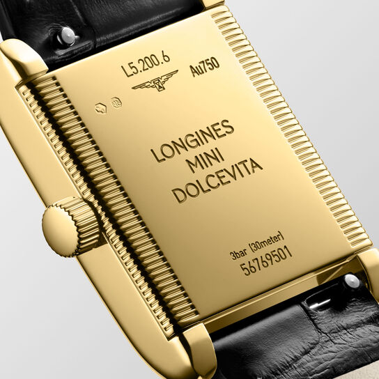 Rear view showing engraved caseback and black leather strap image number 3