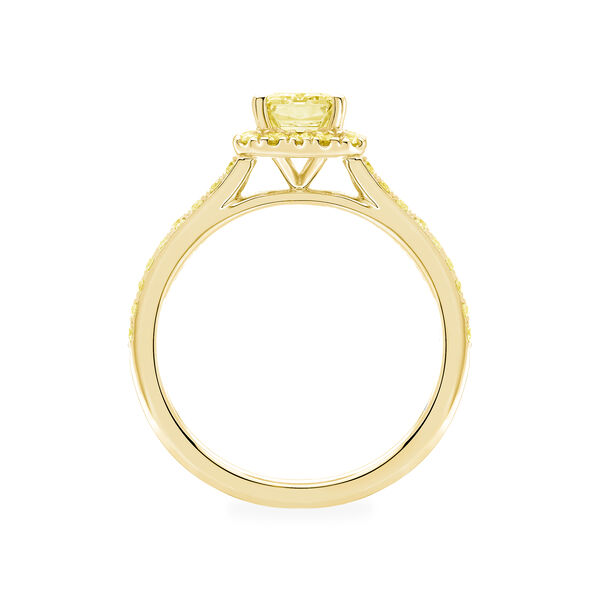 Bague de fiançailles avec diamant jaune de coupe émeraude à halo et anneau en or jaune pavé de diamants
