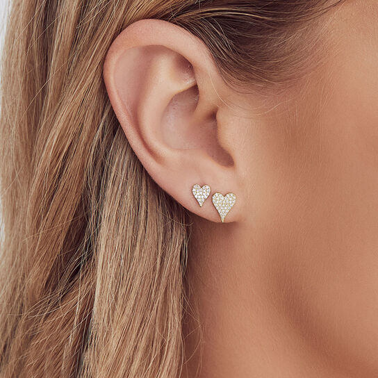 Yellow Gold Heart Stud Earrings with Diamond Pave On Model image number 1
