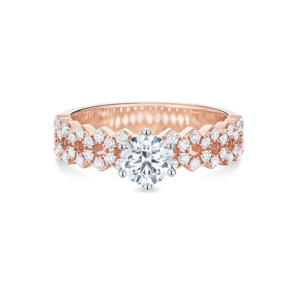 Bague de fiançailles à diamant solitaire rond avec anneau pavé en or rose sertie de diamants